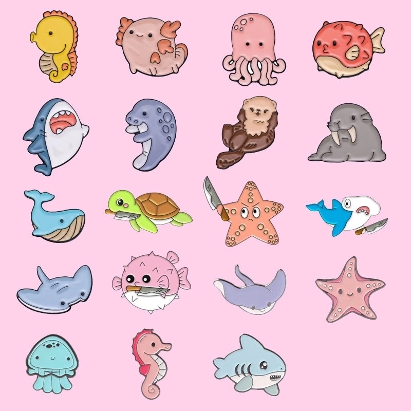 Kawaii Ocean Life Enamel Pins Cute Shark Axolotl Jellyfish Turtle Starfish Alloy Enamel Brooches For Backpack Hats Jackets Clothing Accessories Funny Animal Jewelry Gift For Kids Women Men