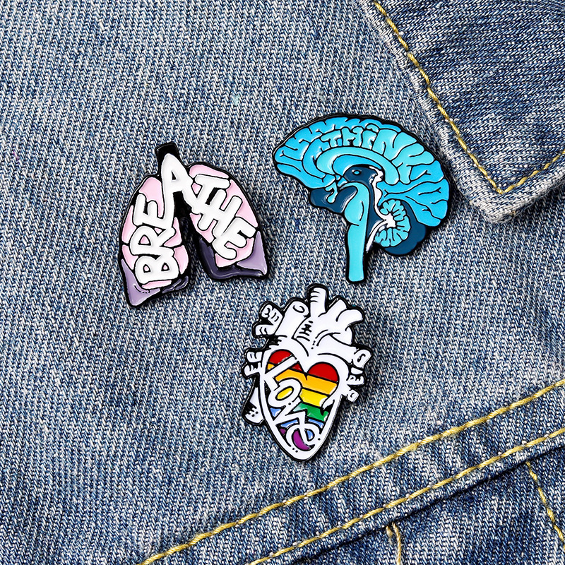 Creative Anatomy Enamel Pin Set Alloy Brain Heart Lungs Brooches For Doctors Nurses Medical Students Denim Jacket Backpack Badge Love Think Breathe Motivational Jewelry