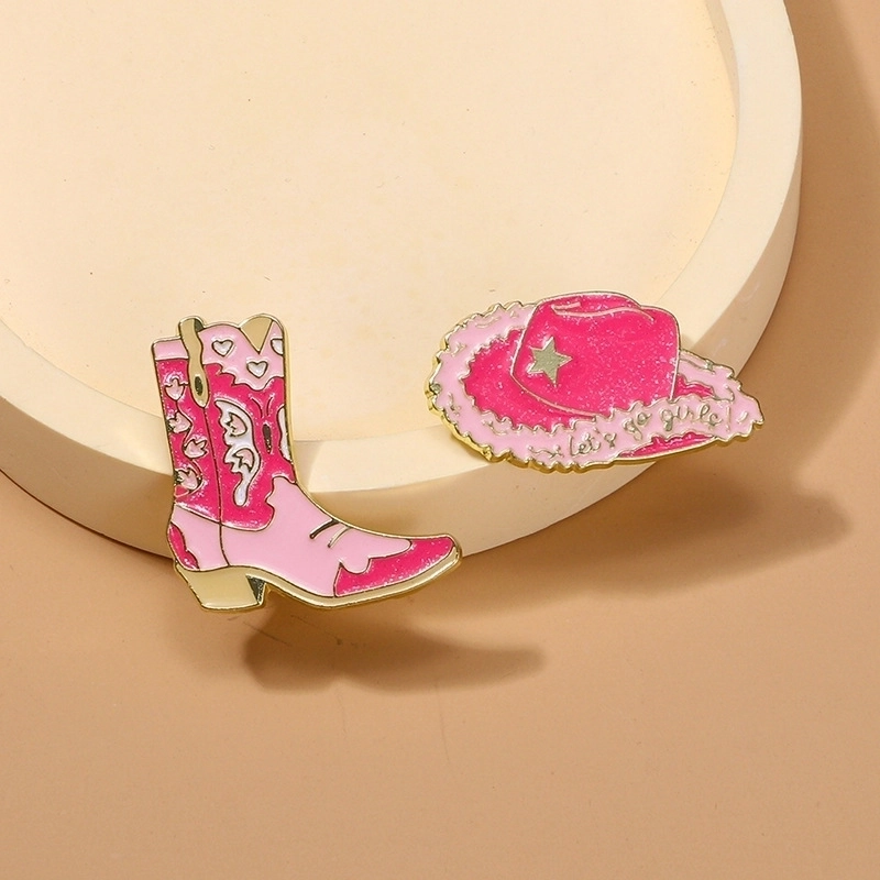 Pink Cowboy Hat And Boots Enamel Pin Set Cartoon Zinc Alloy Glitter Brooches Let's Go Girls Badge For Clothing Bags Backpacks Women Girls Fashion Jewelry Accessories