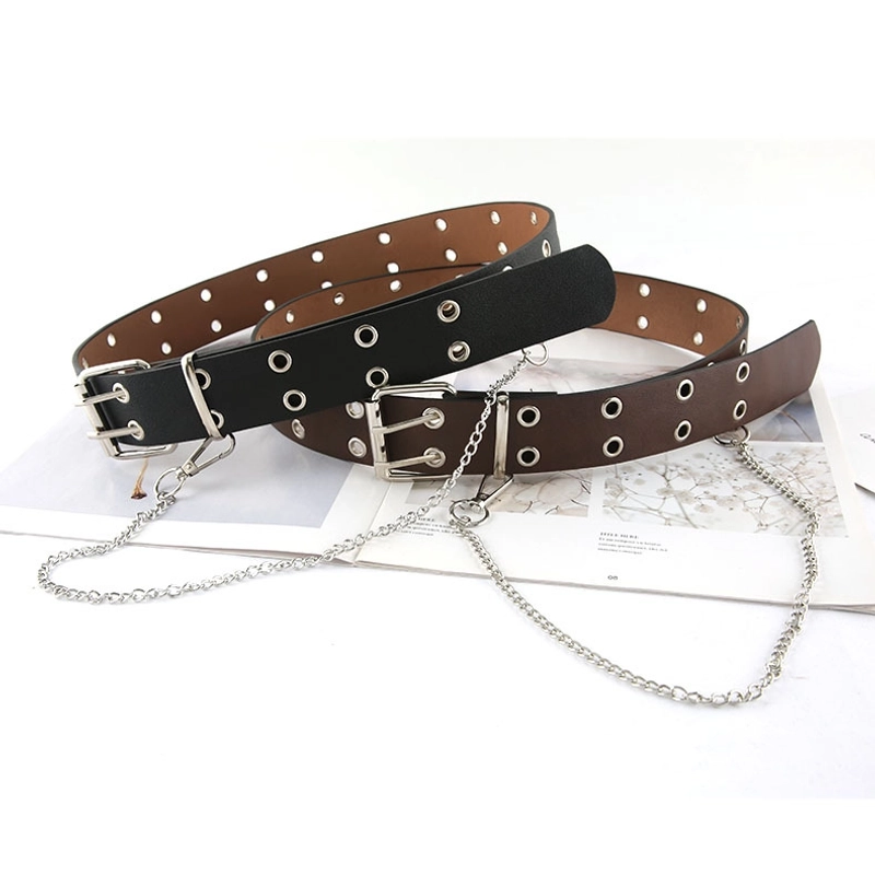 Women's Punk PU Leather Belt With Double Row Metal Grommets And Detachable Chain Double Pin Buckle Hip Hop Streetwear Waistband For Jeans