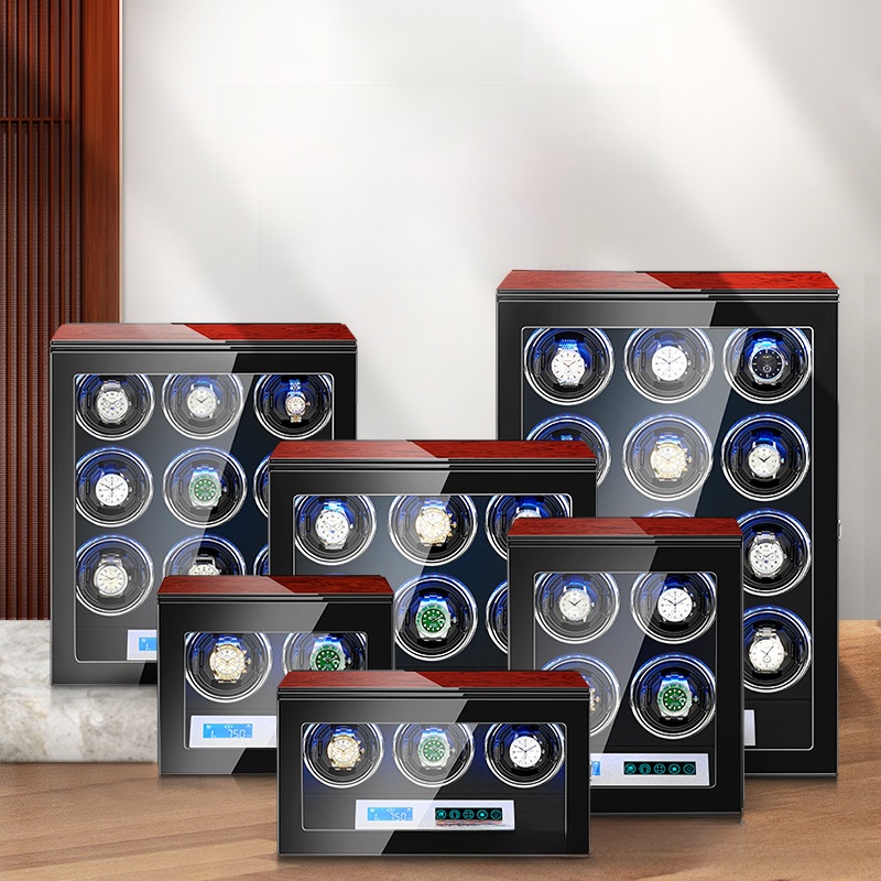 Automatic Watch Winder For Mechanical Watches Wood Piano Finish With LCD Touch Screen Blue LED Light Quiet Mabuchi Motor Flexible Watch Pillows Luxury Watch Storage Display Case For Men Women