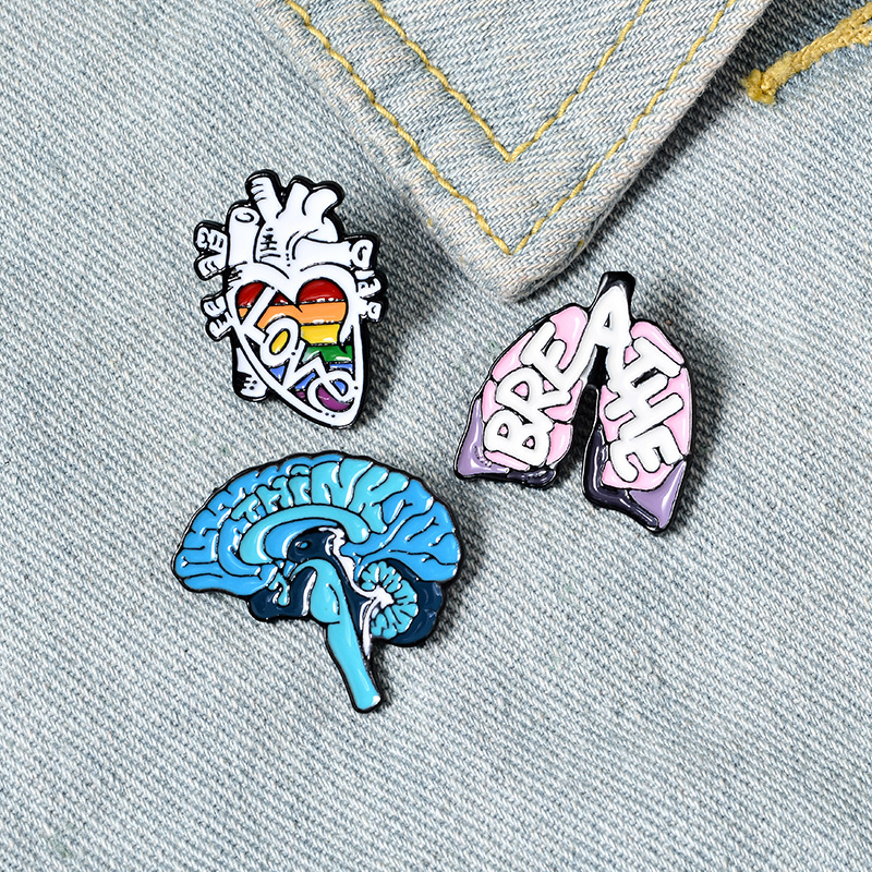 Creative Anatomical Internal Organs Enamel Brooch Pin Set Alloy Rainbow Heart Love Breathe Lungs Think Brain Badge For Clothing Backpack Decor Unisex Jewelry