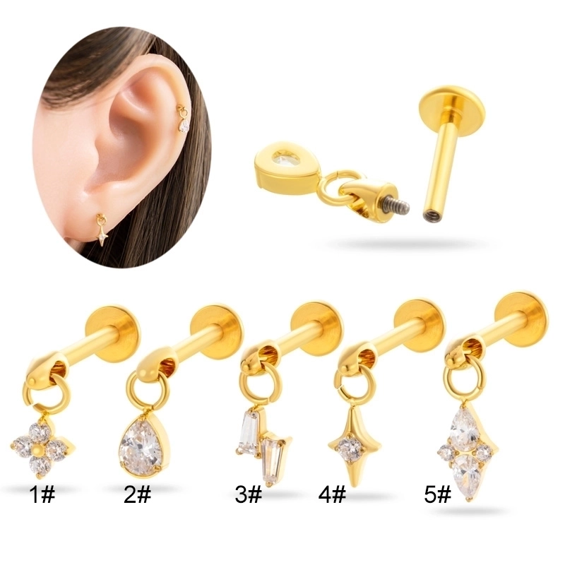 G23 Titanium Labret Stud Tragus Piercing Earring Internal Thread Flat Back Dangle Zircon Pendant Body Jewelry For Women