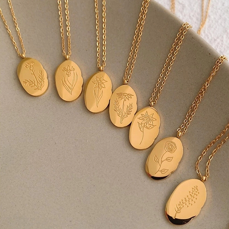 18K Gold Plated Stainless Steel Birth Flower Necklace Personalized Oval Engraved 12 Months Floral Pendant Jewelry Anniversary Gift For Women