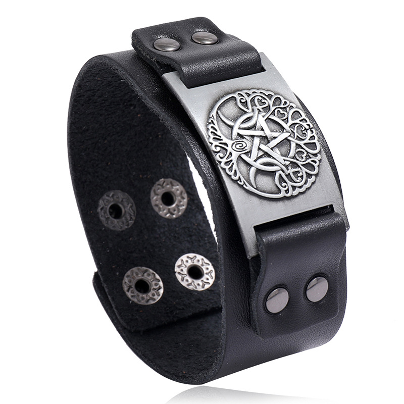 Men Viking Tree Of Life Leather Bracelet Retro Nordic Celtic Knot Pentagram Adjustable Wide Cuff Wristband Punk Jewelry