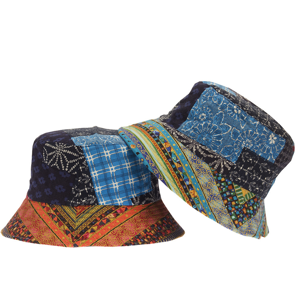 Vintage Ethnic Patchwork Bucket Hat Double Sided Sun Protection Cotton Suede Fishing Cap For Men Women Travel Outdoor Paisley Floral Print Foldable Basin Hat