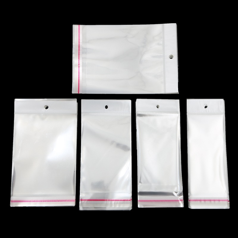 100pcs Clear OPP Self Adhesive Sealing Bags With Hanging Hole Transparent Plastic Packaging Bags For Jewelry Necklace Bracelet Display Small Item Storage Bags