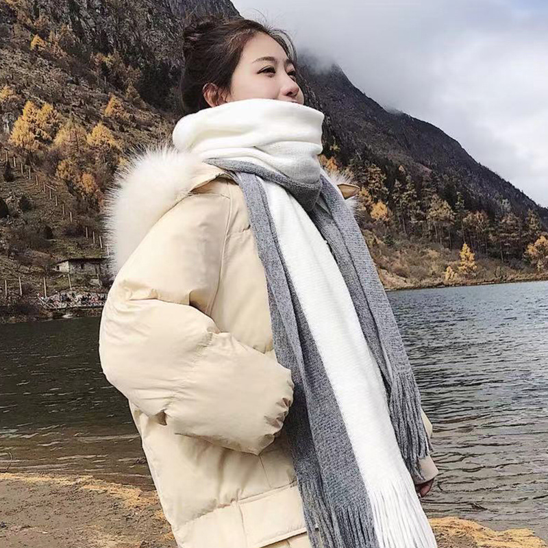 Korean Style Color Block Tassel Scarf For Women Men Winter Warm Soft Imitation Cashmere Large Knit Shawl Wrap Fringe Scarf Daily Outdoor Unisex Accessories