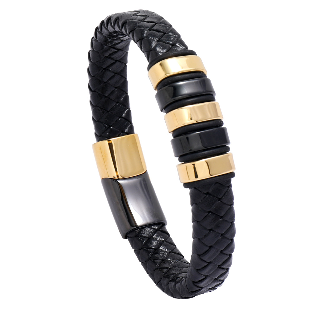 Men Braided Leather Bracelet Stainless Steel Magnetic Clasp Two-Tone Black Gold Minimalist Jewelry