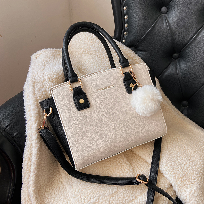 Fashion Women PU Leather Shoulder Bag Litchi Grain Contrast Color Handbag With Pom-pom Charm Metal Handle Adjustable Strap Casual Crossbody Bag