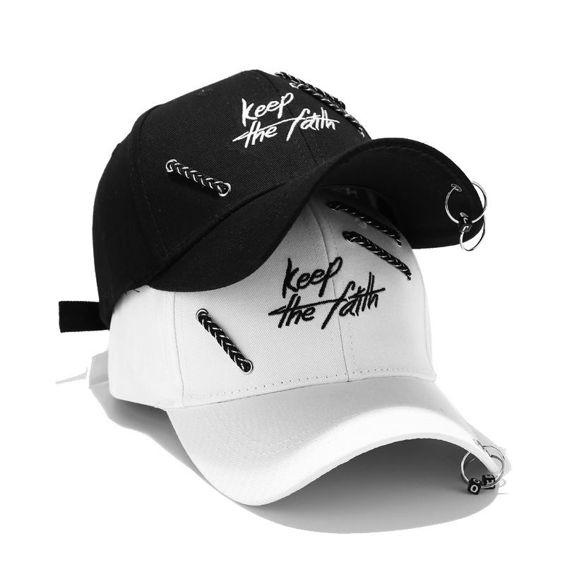 Punk Streetwear Cotton Baseball Cap With Metal Rings And Keep The Faith Embroidery Adjustable Sun Protection Snapback Hat For Men Women