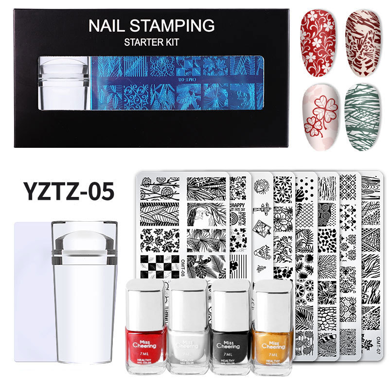 Professional Nail Stamping Kit With Stainless Steel Image Plates Silicone Stamper Scraper And 4 Colors Nail Art Stamping Polish Gel Set For DIY Manicure Salon St Patricks Day Floral Patterns Women Beauty Tools