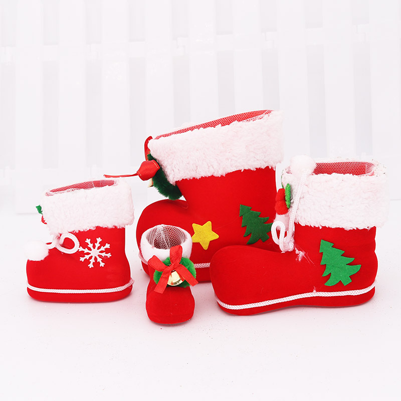 Christmas Flocking Candy Boots Gift Bags Plastic Velvet Xmas Tree Decor Red White Snowflake Boots For Holiday Party Home Decoration