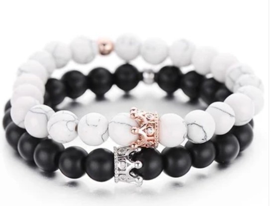 Crown And Animal Head Natural Stone Beaded Bracelet Collection Matte Black Agate White Turquoise Copper Zircon Jewelry