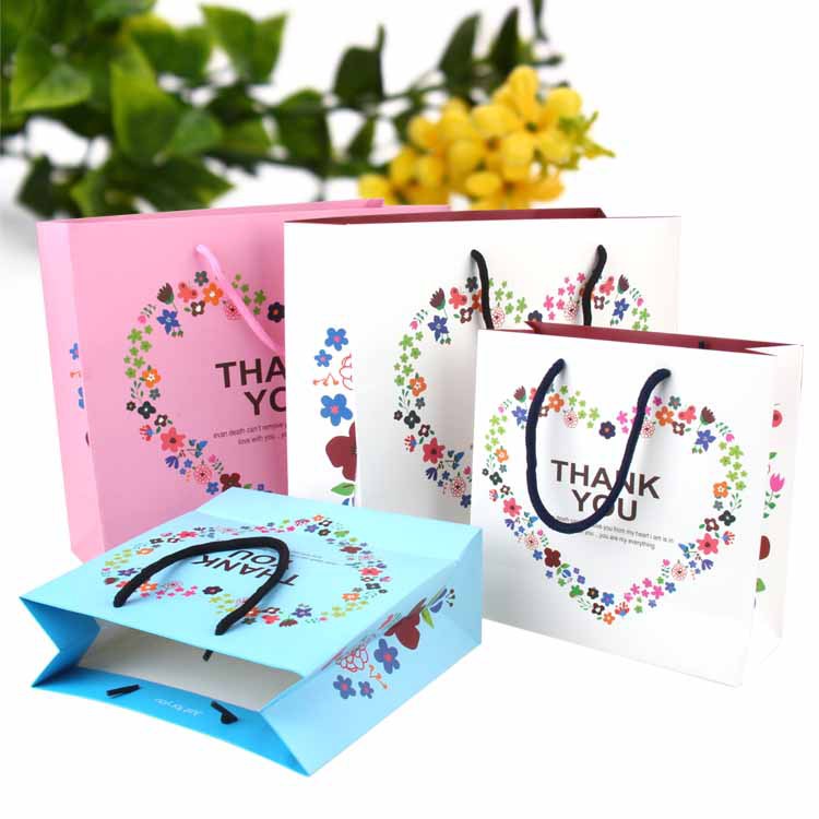 Floral Heart Paper Gift Bags With Handles Thank You Pattern Portable Wedding Birthday Party Favor Wrap Bags For Guests Business Retail Shopping Packaging