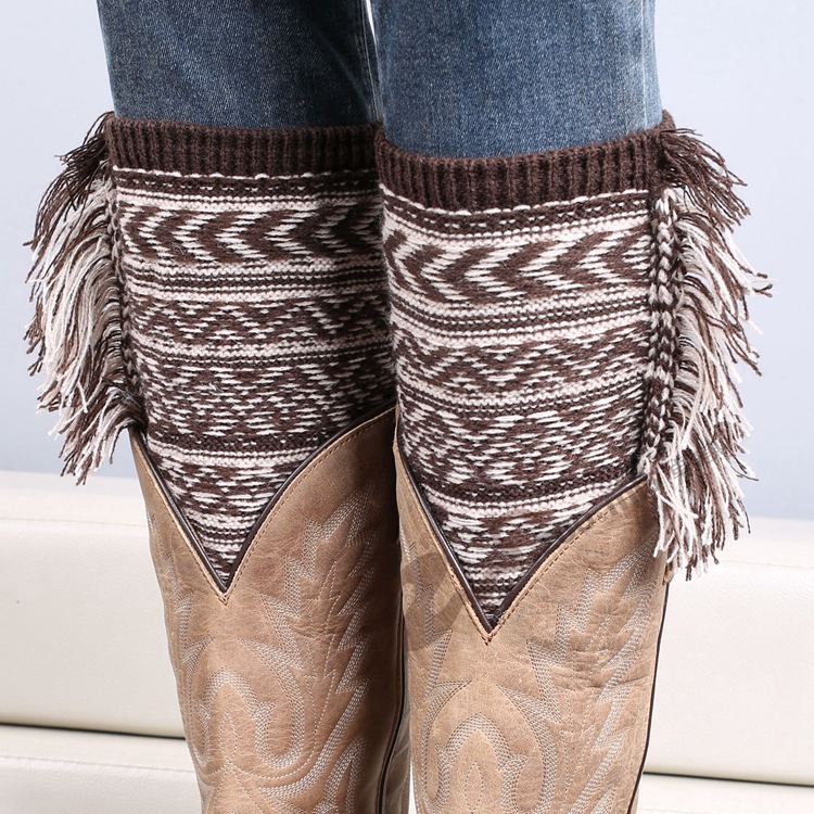 Bohemian Vintage Tassel Knit Leg Warmers Geometric Jacquard Winter Warm Crochet Boot Cuffs For Women Retro Style Cowgirl Boot Socks
