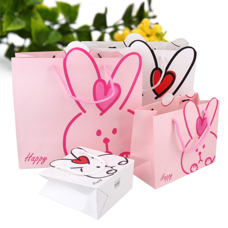 Cartoon Rabbit Gift Bag White Cardboard Handheld Paper Packaging Bag For Birthday Party Baby Shower Return Gift Small Medium Large Bags