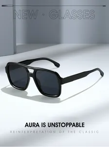 Close-up of modern black square frame sunglasses with stylish double bridge design
