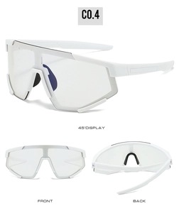 Detailed views showing the white frame and clear protective lens of the cycling glasses