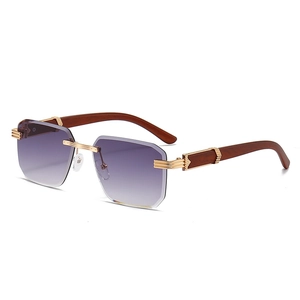 Fashionable rimless square sunglasses with purple gradient lenses and gold metal frames