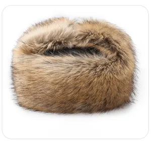 Back view of thick brown faux fur winter hat with high gloss texture and warm lining
