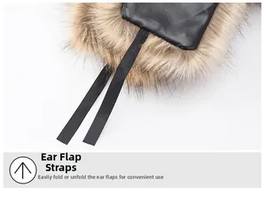 Detail of adjustable winter trapper hat ear flaps with faux fur lining and leather exterior
