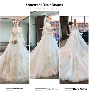 Detailed views of off-shoulder wedding gown with gold floral embroidery and long train