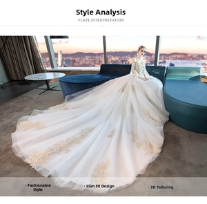 Exquisite detail of bridal gown with ivory lace floral embroidery and luxury long train