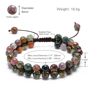 6mm Indian Agate double row woven wrap bracelet with natural faceted beads and size chart