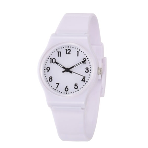 Minimalist white silicone watch showing matte texture and Arabic numeral dial details