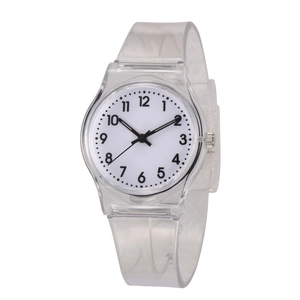 Minimalist transparent silicone watch with white dial and black Arabic numerals