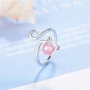 Adjustable 925 sterling silver cat ring with pink strawberry crystal stone for women