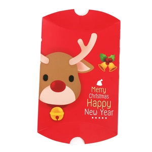 Red Christmas pillow candy gift box with reindeer pattern and Merry Christmas text