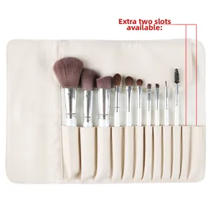 Detail of 10-piece makeup brush set with storage bag showing two extra slots reserved