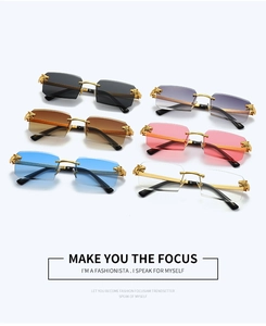 Detail view of gold leopard head accents on rimless sunglasses in multiple lens colors