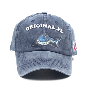 Vintage washed navy blue baseball cap with shark embroidery and American flag patch