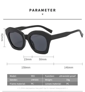 Detailed size chart and specifications for cat-eye sunglasses including UV protection info