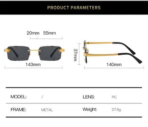 Detailed size chart for rimless leopard sunglasses including frame and lens measurements