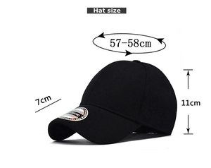 Detailed size chart of a black cotton baseball cap showing 7cm brim and 11cm height