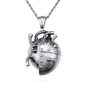 Mechanical heart pendant in silver titanium steel with detailed twisted chain