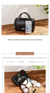 Black vintage pillow bag capacity display with interior items and mobile phone size comparison