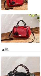 Detail show of red leather pillow bag with floral charm and adjustable shoulder strap