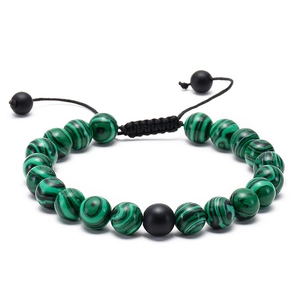Adjustable braided bracelet with green malachite beads and black matte lava stones