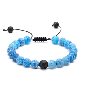Lava rock and blue turquoise beaded couple bracelet with adjustable hand-woven cord