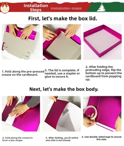 DIY assembly guide for metallic magenta Christmas gift box showing detailed folding steps
