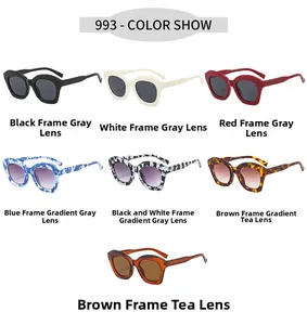 Detailed overview of fashion cat-eye sunglasses in seven trendy frame colors and tints