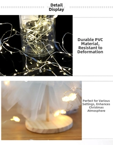 Detail of warm white LED copper wire fairy lights made of flexible PVC in a glass jar