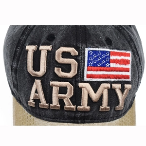 Black washed cotton baseball cap with 3D US ARMY embroidery and US flag patch