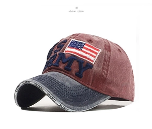 Detail of 3D US ARMY embroidery and US flag patch on vintage washed cotton baseball cap