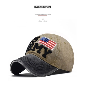 Detail of high-quality 3D US ARMY embroidery and US flag patch on vintage cotton baseball cap